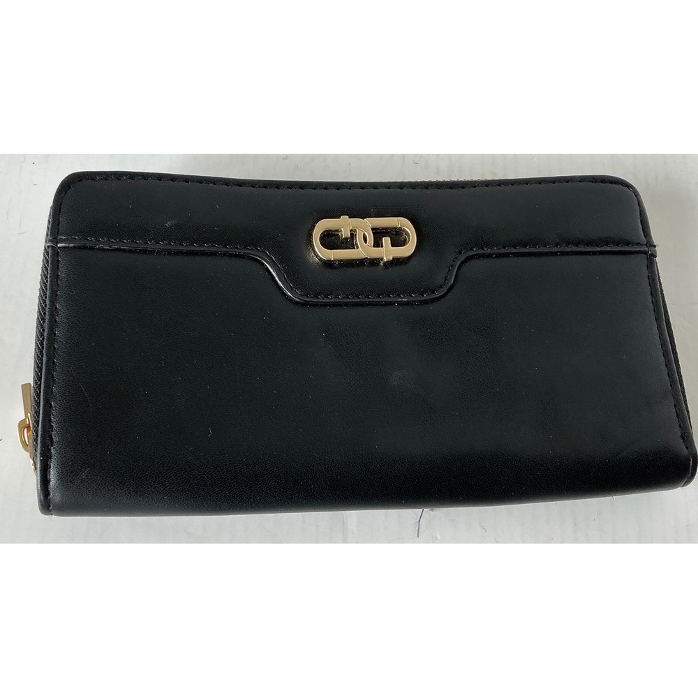 Black Faux Leather Zip Around Continental Wallet Gold Hardware OS